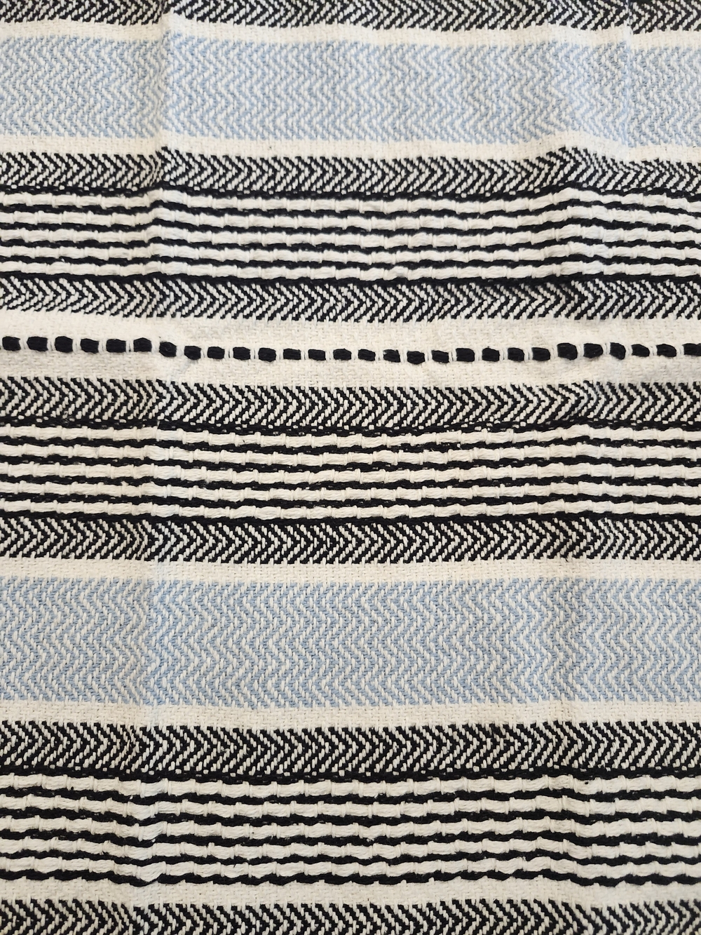 Striped Woven Throw Pillow Black, White & Light Blue On One Side And White On On